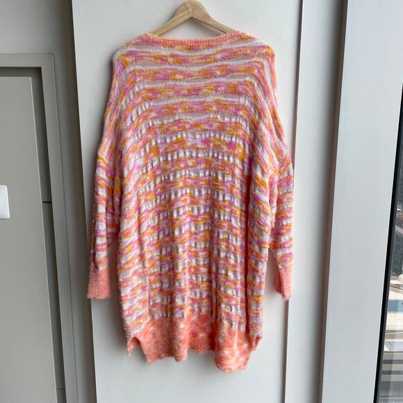 Free People Oversized Striped Sweater Pink Orange Fuzzy Knit V-Neck Pullover M - Picture 4 of 12